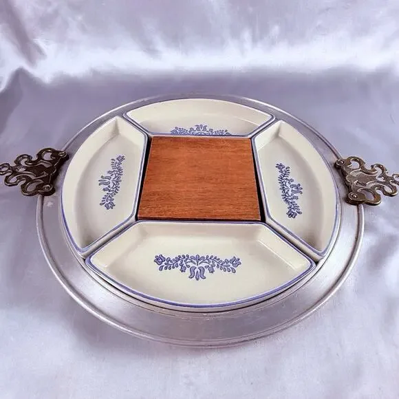Pfaltzgraff Yorktowne 4 Piece Serving Dishes w/Metal Handled Tray & Wood Block - Picture 2 of 12